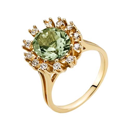 Elegant Grøn Ametyst Ring i 14 kt. Guld med Diamanter